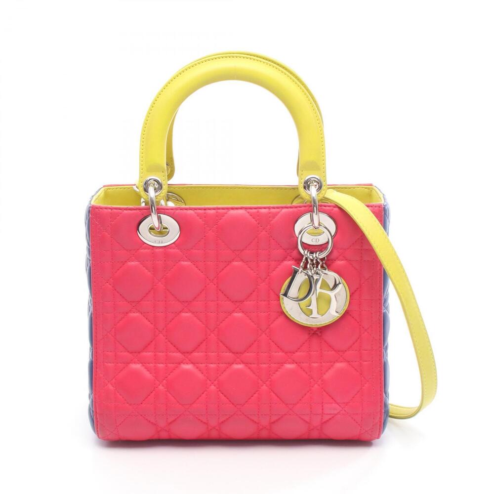 Christian Dior LADY Cannage Handbag Leather Pink Yellow Blue